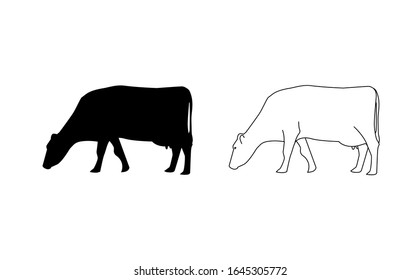 Vector silhouette of cow. linear drawing Isolated on white background. For packaging, logo or icon design