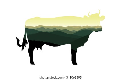 Vector silhouette of cow with mountain hills. 