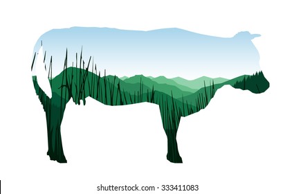 Vector silhouette of cow with mountain landscape.