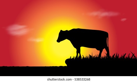 Vector silhouette of cow in nature at sunset.