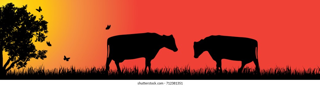 Vector silhouette of cow in nature at sunset.