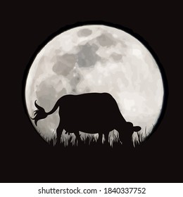 Vector silhouette of cow on moon background. Symbol of night and farm animals.