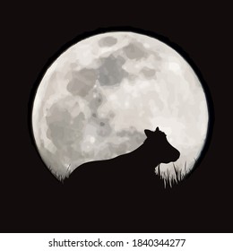 Vector silhouette of cow on moon background. Symbol of night and farm animals.