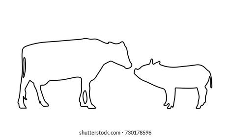 Vector silhouette of cow and pig logo on white background.