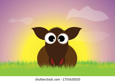 Vector silhouette of cow staying in the grass at sunset. Symbol of animal.