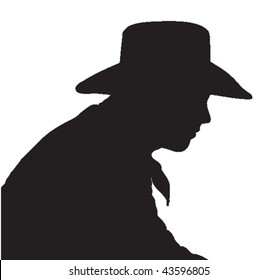 Vector silhouette of a cowboy, head and shoulders, wearing a hat.