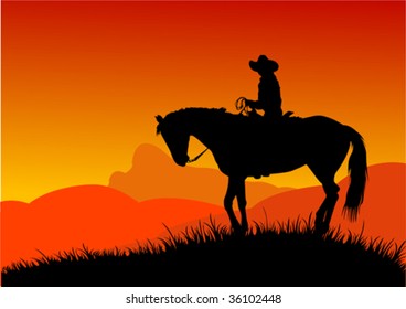 Vector silhouette of cowboy  riding in the desert