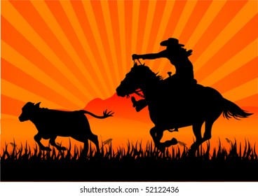 A vector silhouette of a cowboy roping a calf