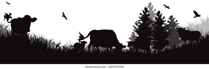 Vector silhouette of cows grazing in the meadow. Symbol of farm and breeding.