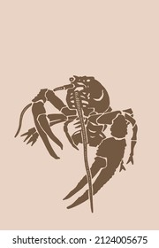 Vector silhouette of crab , graphical sepia illustration, vintage seafood element