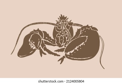 Vector silhouette of crab , graphical sepia illustration, vintage seafood element