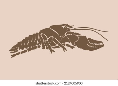 Vector silhouette of crab , graphical sepia illustration, vintage seafood element