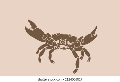 Vector silhouette of crab , graphical sepia illustration, vintage seafood element