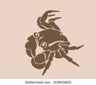 Vector silhouette of crab , graphical sepia illustration, vintage seafood element