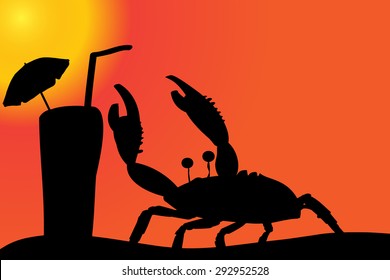 Vector silhouette of a crab on the beach at sunset.