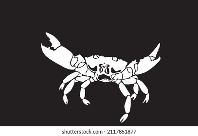 Vector silhouette of crab on black, graphical engraved illustration, seafood element