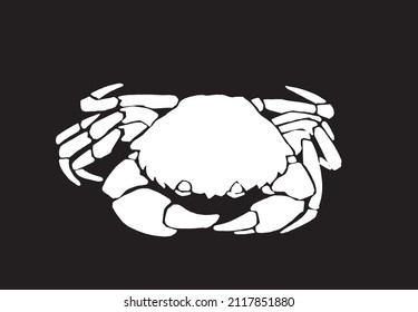 Vector silhouette of crab on black, graphical engraved illustration, seafood element