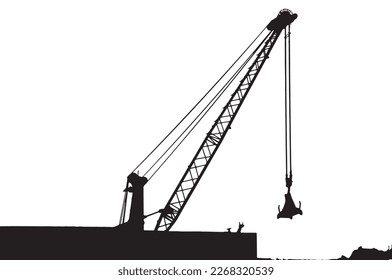 Vector of silhouette of a crane with hooked silo lifter to load commercial ships