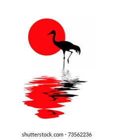 vector silhouette of the crane on solar background