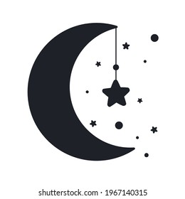 Vector silhouette of the crescent moon and stars in the night sky Isolated on background