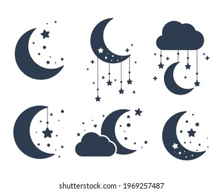 Vector silhouette of the crescent moon and stars in the night sky Isolated on background