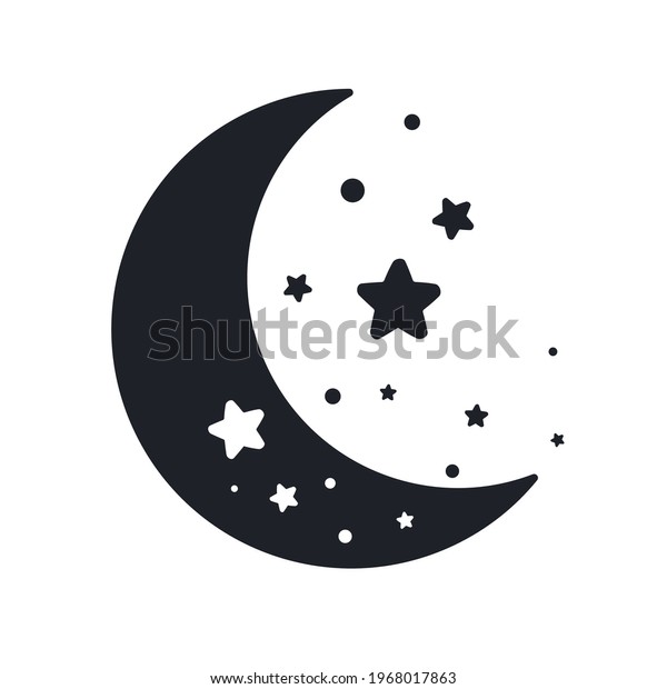 Vector silhouette of the crescent moon and\
stars in the night sky Isolated on\
background