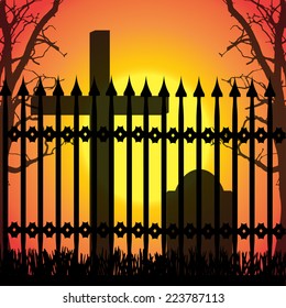 Vector silhouette of a cross in the cemetery at sunset.