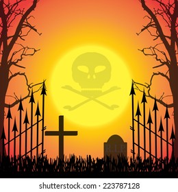Vector silhouette of a cross in the cemetery at sunset.