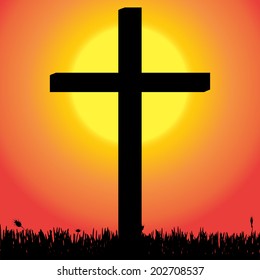 Vector silhouette of a cross in the countryside at sunset.