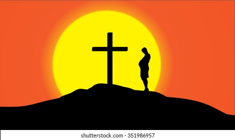 Vector silhouette of a cross on a hill at sunset.
