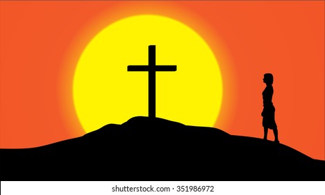 Vector silhouette of a cross on a hill at sunset.