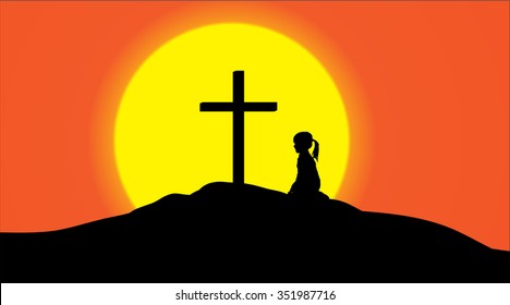 Vector silhouette of a cross on a hill at sunset.