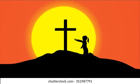 Vector silhouette of a cross on a hill at sunset.