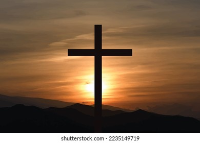 Vector silhouette of cross on sunset background. Symbol of Christianity and religion.