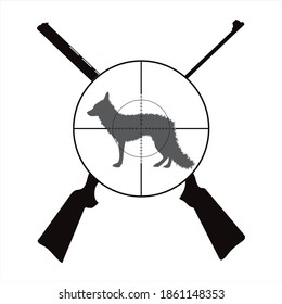 Vector silhouette of crossing guns like symbol of hunting. Fox in focus.