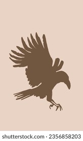  vector silhouette of crow on sepia background. Vintage illustration