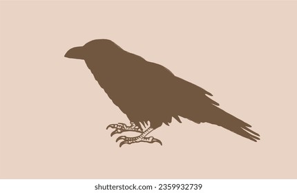  vector silhouette of crow on sepia background. Vintage illustration