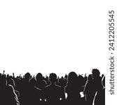 vector silhouette of a crowd of people watching a music concert in front of the stage with cheering and waving hands, suitable for poster, banner or advertising elements for concerts and parties