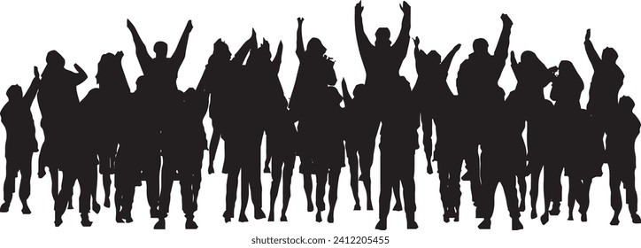 vector silhouette of a crowd of people watching a music concert in front of the stage with cheering and waving hands, suitable for poster, banner or advertising elements for concerts and parties