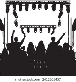 vector silhouette of a crowd of people watching a music concert in front of the stage with cheering and waving hands, suitable for poster, banner or advertising elements for concerts and parties