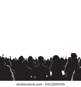 vector silhouette of a crowd of people watching a music concert in front of the stage with cheering and waving hands, suitable for poster, banner or advertising elements for concerts and parties