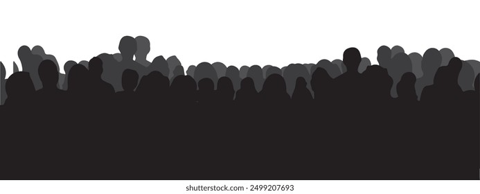 vector silhouette of a crowd of people watching a music concert in front of the stage with cheering and waving hands, suitable for poster, banner or advertising elements for concerts and parties