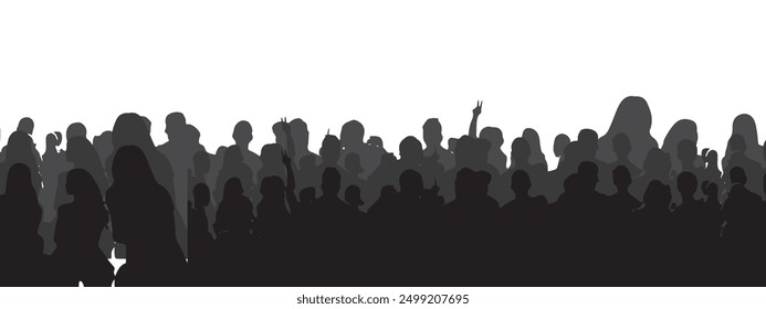 vector silhouette of a crowd of people watching a music concert in front of the stage with cheering and waving hands, suitable for poster, banner or advertising elements for concerts and parties