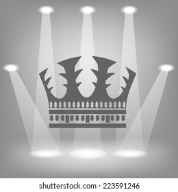 Vector Silhouette of Crown  on a Spot Lights  Background. Bright Stage with Spot Lights