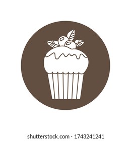 Vector Silhouette Kuchen in braunem Kreis isoliert auf weißem Hintergrund. Elemente zur Gestaltung der Speisen, Logo der Bäckerei, Web, Postkarten.