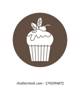 Vector silhouette cupcake in brown circle isolated on white background. Food design elements for the menu, bakery logo, web, postcards.