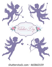 Vector silhouette of cupid, template for design: greeting card, invitation, banner, scrapbooking