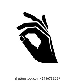 Vector silhouette of a curved human hand showing ok sign, drawn in black on a white background.