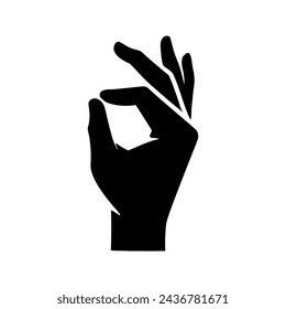 Vector silhouette of a curved human hand showing ok sign, drawn in black on a white background.