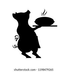 Vector silhouette. Cute cartoon piggy. The pig carries a tray of food. Illustration for cafe, restaurant, menu.